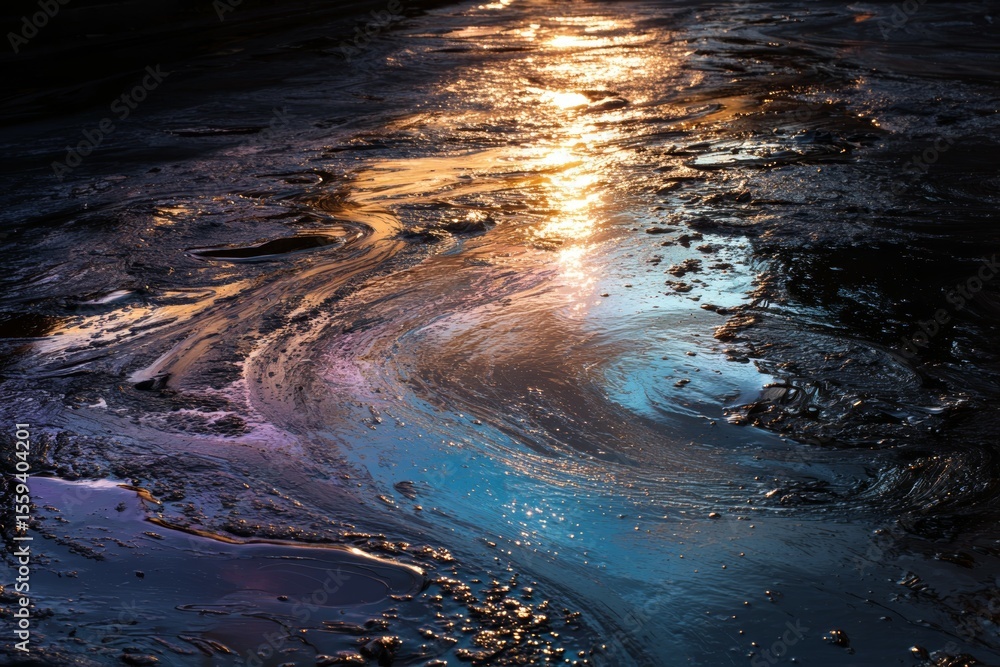 Poster sunset reflections on abstract water surface with ripples and iridescent colors