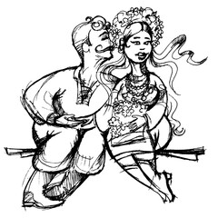 Ukrainians. Girl and boy sitting on a bench. Authentic clothes. couple in love