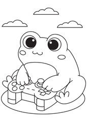 Coloring book cute frog playing video game console.
