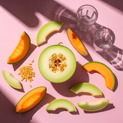 A vibrant overhead shot of sliced cantaloupe and honeydew melons, seeds, and two glasses, casting shadows on a pink surface. Generative AI.