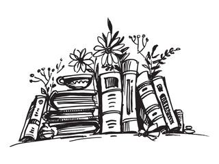 Books and coffee on the shelf. Book lover