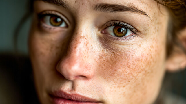 Close-up portrait of a fair-skinned woman with warm brown eyes and freckles, gazing directly at the camera.
