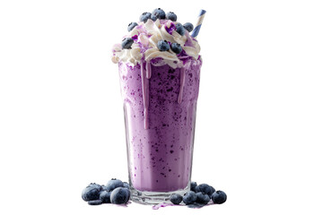 A glass of purple drink with whipped cream and blueberries on top