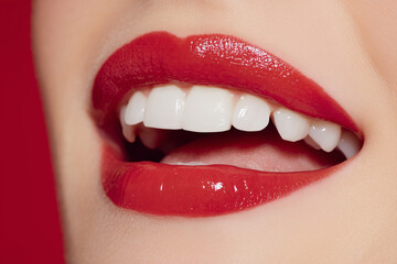 Fototapeta premium Red lips and white teeth closeup