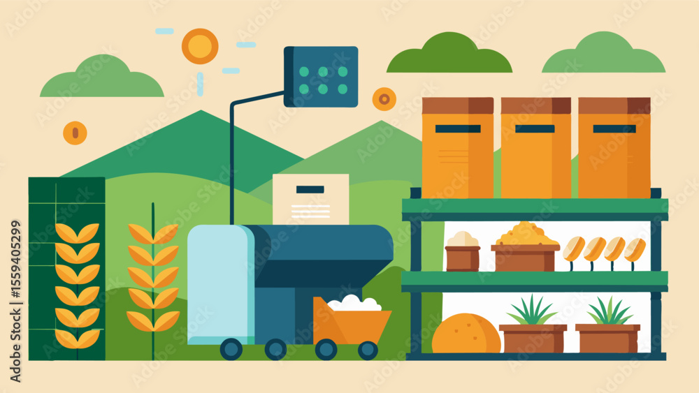 Poster a storage facility for grains and legumes utilizes ai technology to sort and grade different varieti