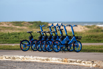 Shared Electric Bicycles Parked Outdoors.