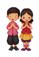 Smiling Children in Traditional Asian Clothing on White Background