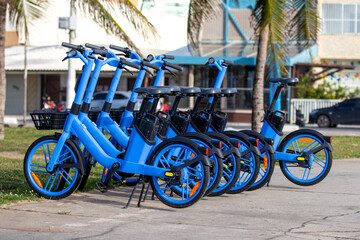 Shared Electric Bicycles Parked Outdoors.