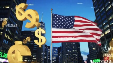 Dynamic financial growth visual with american flag and dollar symbols in cityscape - Powered by Adobe