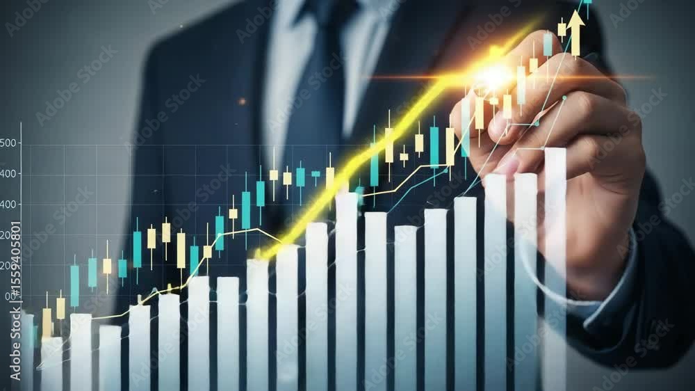 Poster A person in a suit analyzing a stock market chart with upward trend and candlestick patterns shown here