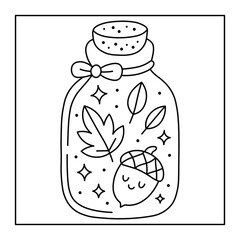 Autumn Jar Coloring Page – Cute Acorn, Leaves, and Sparkles in a Bottle for Kids