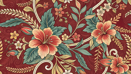 Vector Illustration Seamless Pattern Floral Sarong Red Background.