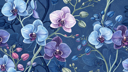 Vector Illustration Seamless Pattern Orchid Flower Blue Background.