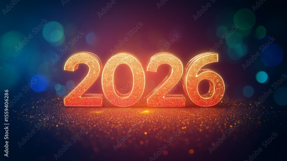 Poster glowing 2026 numerals with vibrant bokeh background in festive light