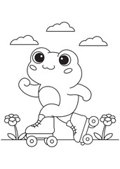 Coloring book frog skating joyfully with big smile.