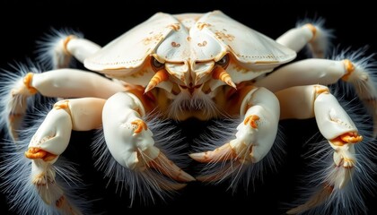 a Yeti Crab, Kiwa hirsuta, dorsal view, creamy white carapace