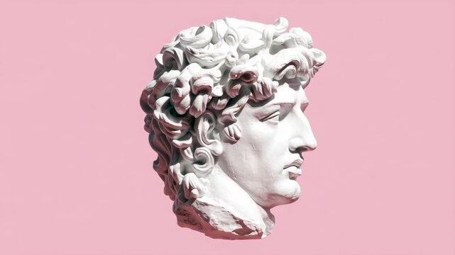 White sculpture head on pink. Classic art meets modern style.
