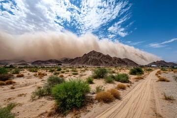 Massive dust storm approaching arid desert landscape with clear blue sky