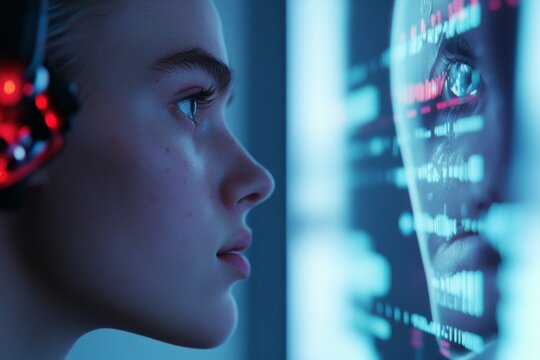 Female teen engaging with futuristic virtual interface display in profile view