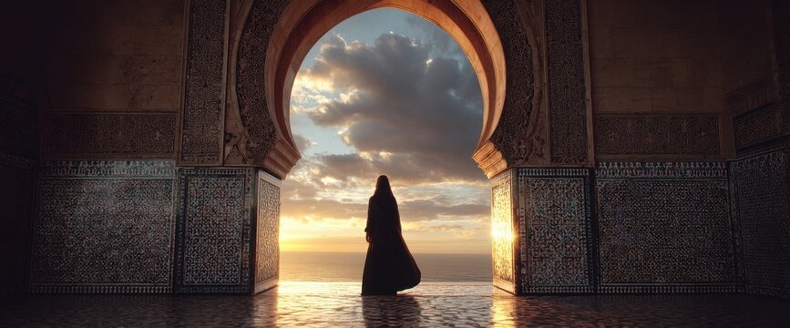 Arabian woman stands under archway watching sunset above the ocean, decorative mosaic