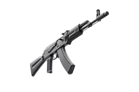 A black AK-47 rifle is displayed on a white background