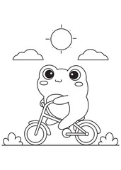 Coloring book frog riding a bicycle happily.
