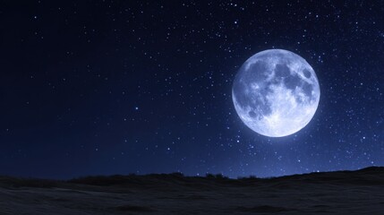 Blue Moon Rising Over Terrain Under Starry Sky at Night Full Of Stars