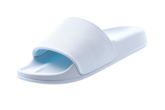 A white and blue flip flop with a blue stripe