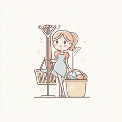 Obraz premium Young Woman with Laundry Baskets in Pastel Pixel Art Illustration