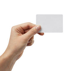 Obraz premium Hand holding virtual business card, credit card or blank paper isolated on transparent white background