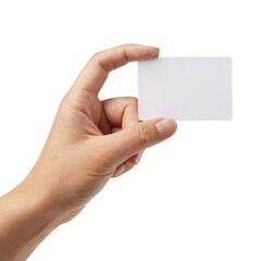 Obraz premium Hand holding virtual business card, credit card or blank paper isolated on transparent white background
