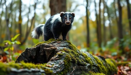 Fototapeta premium A skunk standing on a fallen log in a forest