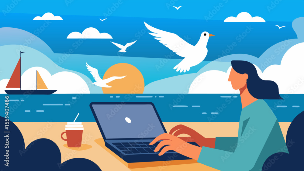 Poster the quiet murmur of seagulls overhead is interrupted by the soft clicking of a keyboard as someone w