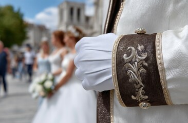 Elegant groom and brides in outdoor wedding ceremony