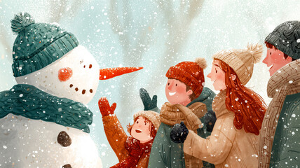 A family builds a snowman together during a winter day.  The family is smiling and happy, and the snowman is tall.