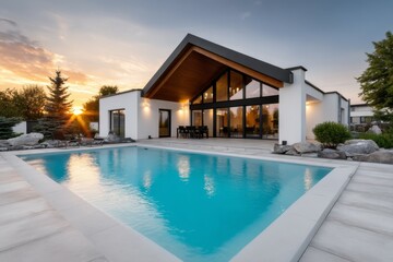Fototapeta premium Modern luxury home with pool at sunset