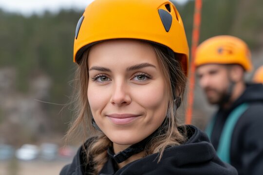 Young caucasian female adventurer in orange helmet smiling outdoors - Powered by Adobe