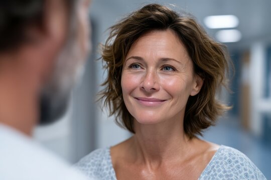 Smiling caucasian female adult in hospital gown in medical setting