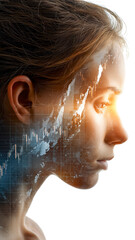 Woman's profile with financial chart overlay, symbolizing business acumen and strategic thinking in the modern world.