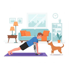 Man and dog exercising together on yoga mat in cozy living room, flat vector art


