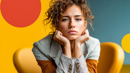 Pensive woman with curly hair rests her chin on her hands, looking thoughtful against a vibrant and abstract backdrop.