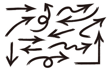 手描きの矢印のセット。グランジ、落書き、筆風の矢印。ベクターアイコン。色んな種類のカーソル。