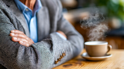 Relaxing coffee break. A man in a suit enjoys a steaming cup, arms crossed, in a relaxed setting.