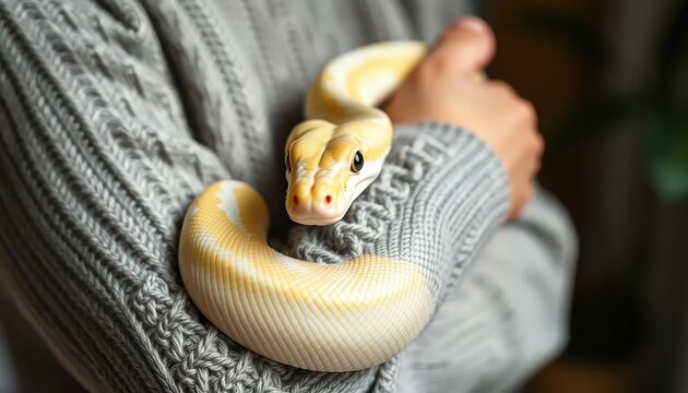 a yellow and white albino python being held in a person's hands