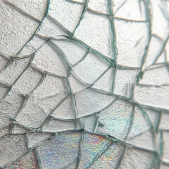 Close-up view of cracked glass with an iridescent effect, showcasing the intricate patterns and textures of the damage, creating a unique visual.