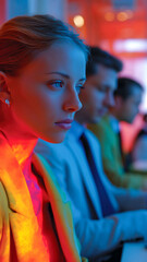Focused young woman in an office setting with colleagues, illuminated by red and blue light, engrossed in her work.