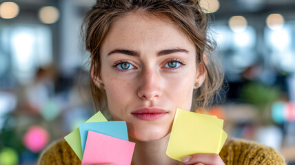 Woman holds colorful sticky notes, deep in thought. Brainstorming, planning, and organizing with bright reminders.