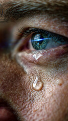 Close-up of a blue eye with tears, highlighting raw emotion. The lens flare creates an interesting contrast against the teardrop.