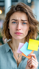 Woman with colorful sticky notes, appearing thoughtful or concerned, perhaps overwhelmed with tasks or deadlines. Brainstorming concept.