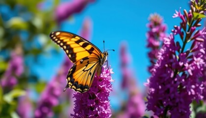 Obraz premium a yellow and black swallowtail butterfly perched on a cluster of vibrant purple buddleja flowers